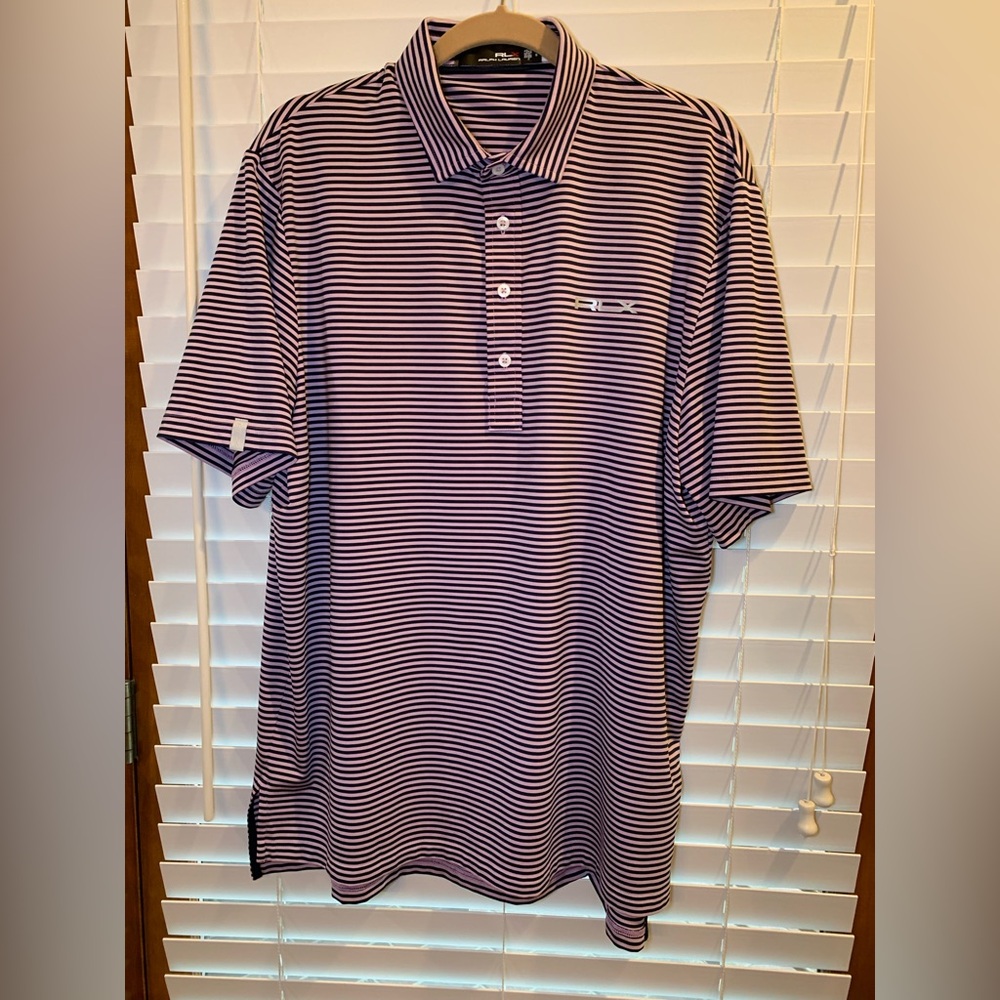 RLX Golf Ralph Lauren Mens Stretch Blue Pink Striped Polo Shirt Large